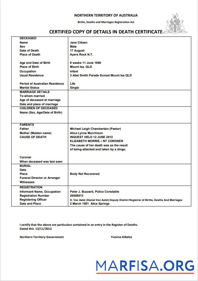 Blank Australia Northern Territory of Australia death certificate template in Word format